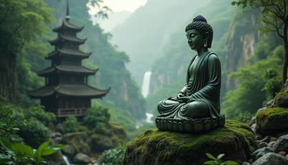 Obraz premium Bronze Buddha statue meditates on mossy rock. Pagoda temple sits near waterfall, lush green mountains surround tranquil scene. Serene meditation setting in Asia.