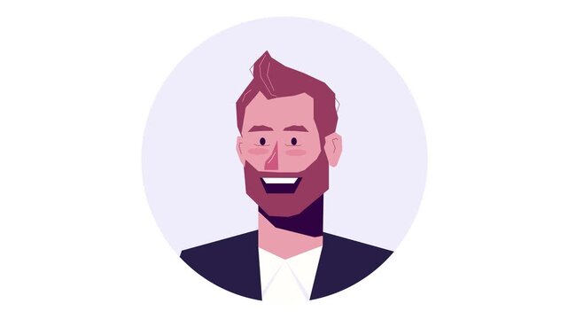 Smiling bearded man avatar in flat vector animation portrait
