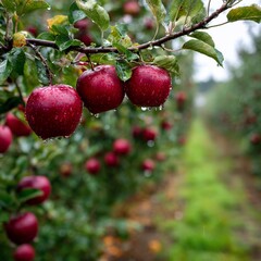 Obraz premium Shiny red apples hang on branches in an orchard row after rainfall