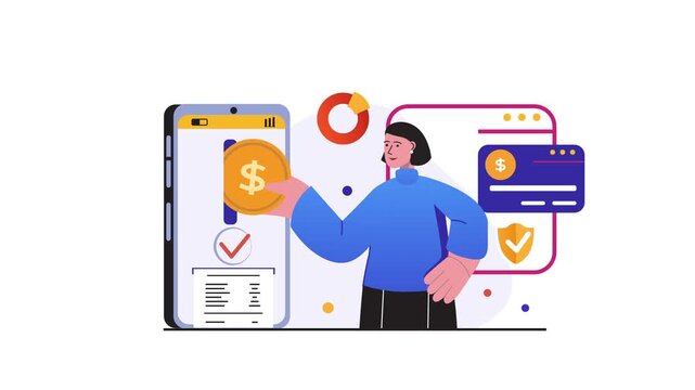Animated secure mobile payment illustration with woman and digital wallet