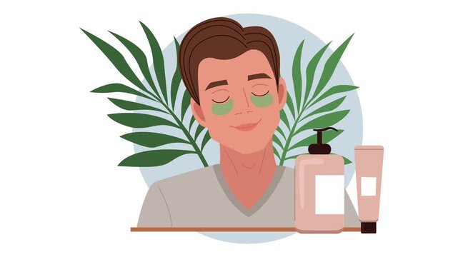 Animated man with skincare products and botanical spa leaves