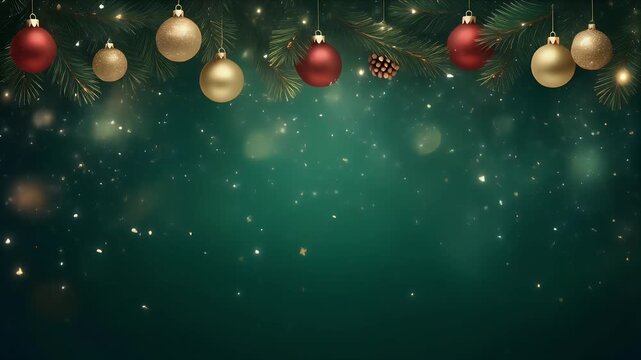 Hanging Christmas Ornaments on Dark Reflective Background with Bokeh Lights
