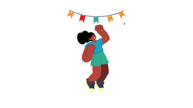 Joyful Black girl celebrating under bunting flags in flat animation