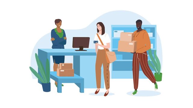 Animated online order delivery team at office counter with parcels