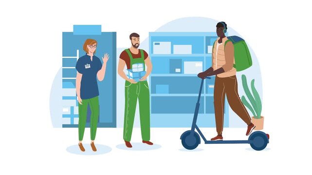 Delivery team with parcels and scooter in warehouse flat vector illustration