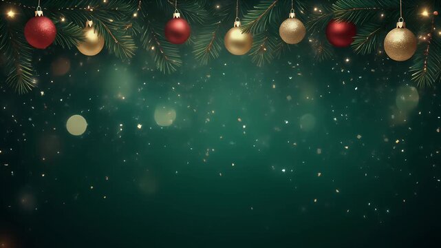 Christmas ornaments hanging on dark green pine tree branches with bokeh lights background