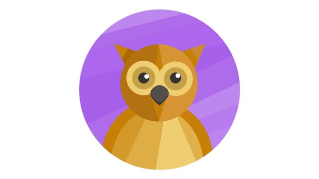 Animated flat vector owl icon in purple circle on white background