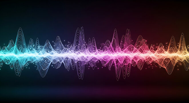 Colorful abstract digital sound wave frequency equalizer made of glowing particles on dark background for music production audio visualization technology and electronic dance music concept art