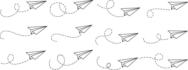 Paper airplane seamless pattern with flying dashed paths minimal line art background for travel communication creativity and message concept vector illustration © Creative Vector
