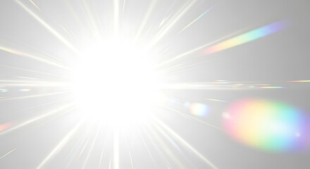 Obraz premium Bright white lens flare with colorful light leaks and radial sunburst effect on light gray background for overlaying on photos to create cinematic lighting design and professional photography