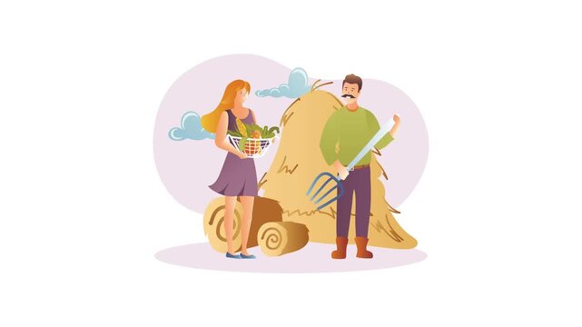 Animated-style vector illustration of farmer couple with harvest beside hay bale