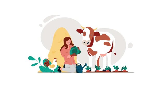 Animated woman gardening beside cow and chicken on sustainable farm