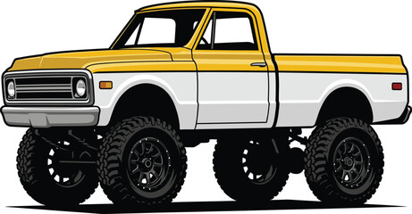 Vintage lifted pickup truck vector illustration with oversized off road tires classic American style vehicle design isolated for automotive branding and transport graphics © Creative Vector