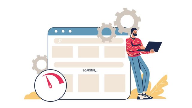 Animated website loading optimization with developer and performance gauge