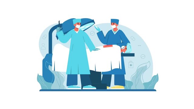 Flat animation of masked surgeons performing surgery in operating room
