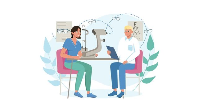 Optometrist examining patient with eye chart in modern clinic animation