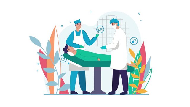 Medical team treating patient in clinic with vaccine and masks animation