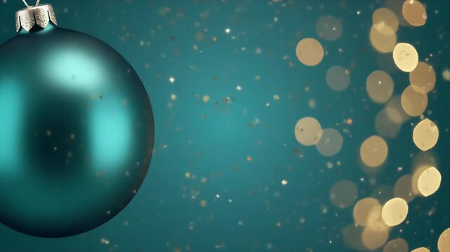Close up of dark teal Christmas ornament with golden bokeh lights in blurred background