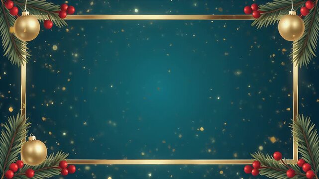 Empty Golden Frame with Christmas Decorations on Dark Starry Background