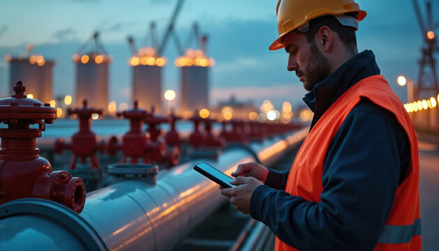 Engineer with smartphone checks pipeline at LNG plant at dusk. Man in helmet and vest monitors industrial facility operations. Blue sky, orange lights, large gas pipes visible.
