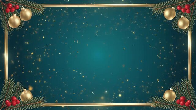 Empty Gold Frame with Festive Pine Garland and Christmas Ornaments on Dark Starry Background
