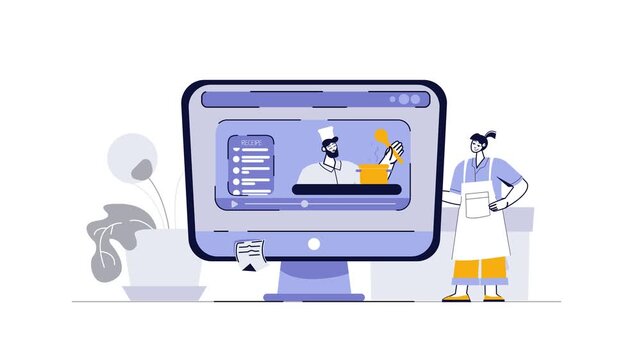 Online cooking tutorial with chef on monitor and woman in apron