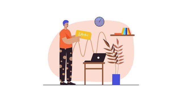 Animated online math lesson with teacher, laptop and home office desk