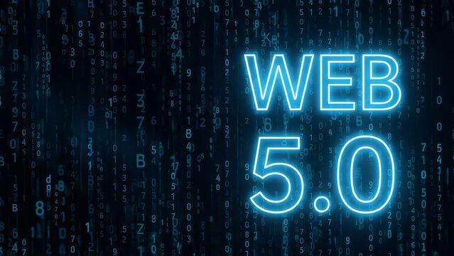 Bold neon text "web 5.0" is illuminated against a background of flowing blue binary digits.