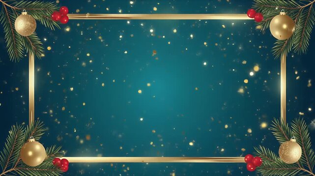 Golden Christmas Ornament Frame with Pine Branches and Baubles on Dark Starry Background
