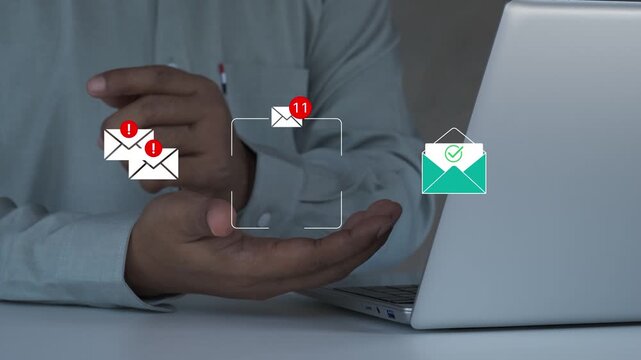 Email security solution with automated secure mail scanning and data protection, business professional using laptop for sending and receiving emails, secure authentication & cyber security concept