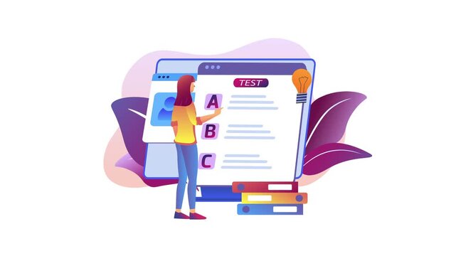 Animated online test illustration with woman choosing answers in browser