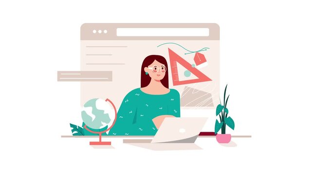 Creative woman working on laptop with globe and design tools illustration