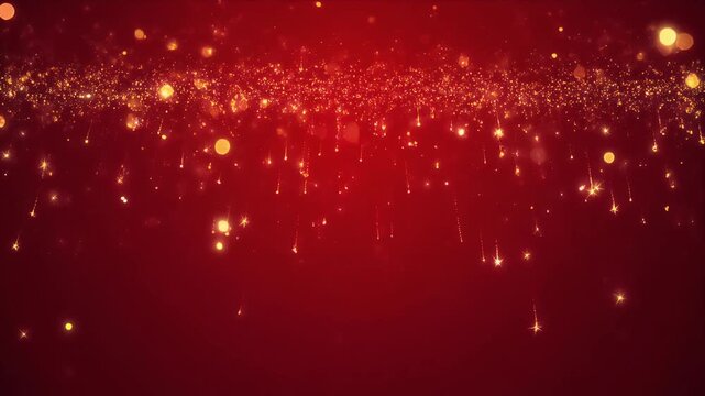 Glowing Sparkles Scattering Over Dark Red Gradient Background with Bokeh Effect
