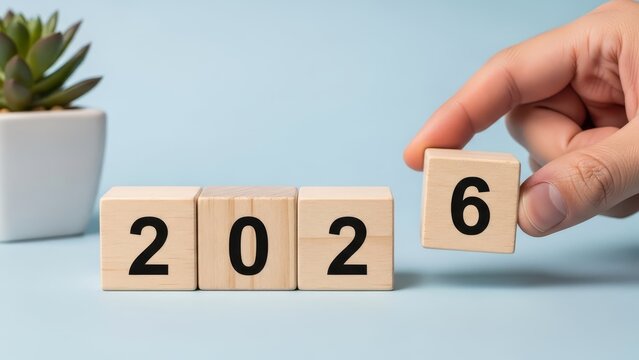 Hand positions a wooden cube with number six to form the year "2026".