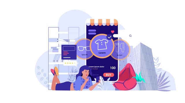 Woman shopping online on mobile app with product icons flat animation