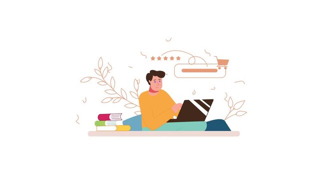 Freelancer working on laptop with online shopping icons, vector animation