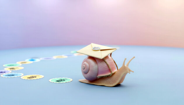 Snail with envelope shell moves along gradient background with stamps trail. Concept highlights message journey, slow delivery, communication path, symbolic postal process, creative visual storytellin
