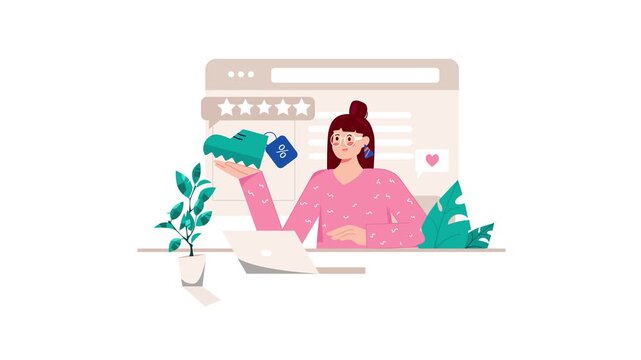 Animated woman shopping online with product review stars and discount tag