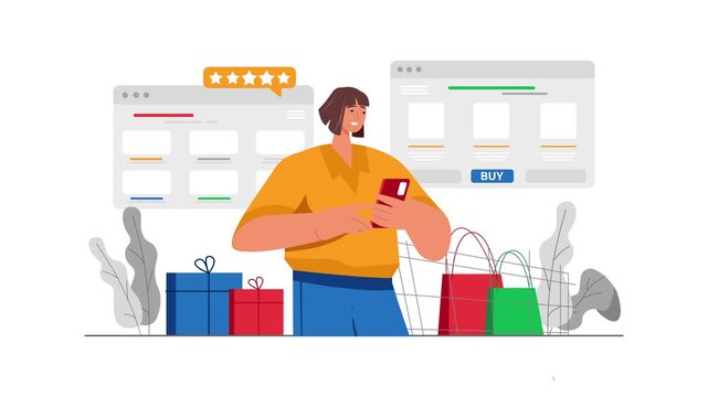 Animated woman shopping online with smartphone, ratings and buy button