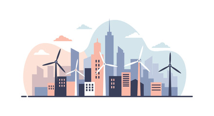 Obraz premium Cityscape with Wind Turbines and Skyscrapers.