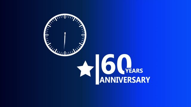 60 years anniversary blue gradient badge with clock icon and star symbol representing long term corporate milestone achievement clean modern professional design 4k animation video