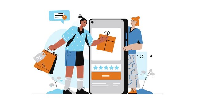 Online shopping app with women, gift bags and rating stars animation