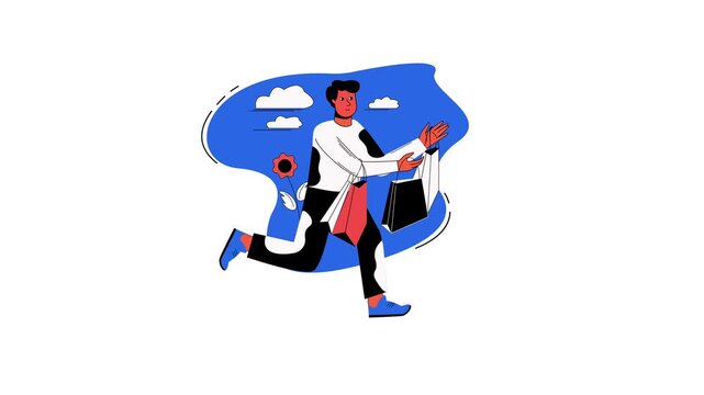 Animated man carrying shopping bags in modern retail illustration