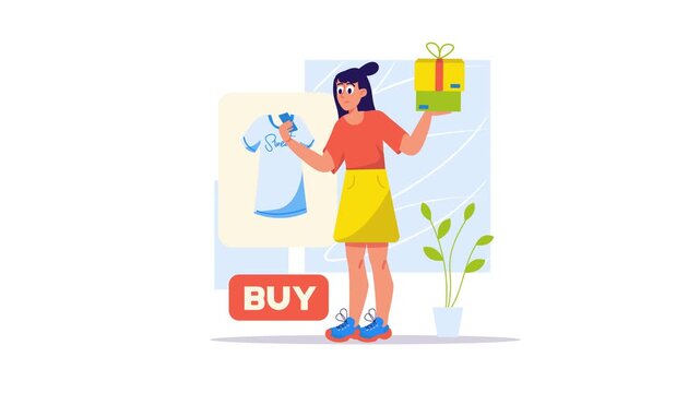 Animated woman shopping for clothes with gift boxes and buy button