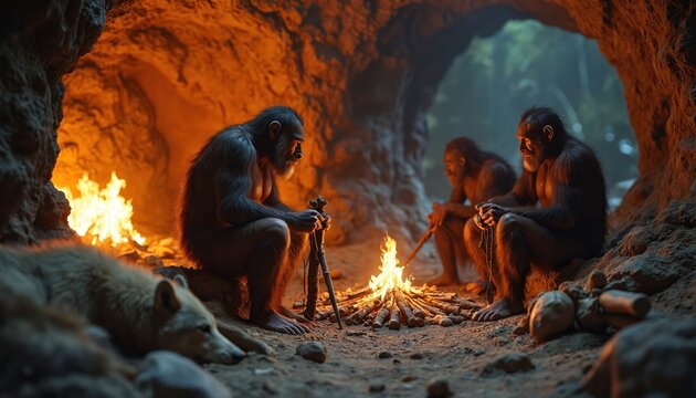 Neanderthals sit by fire in cave. One holds stick. Another waits. Wolf slepic nearby. Early humans seek warmth and safety. Primitive life in stone age.