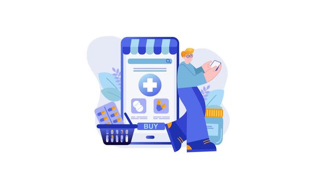 Animated online pharmacy app illustration with man buying medicine online