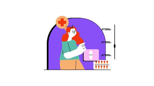 Animated woman buying medicine in online pharmacy concept illustration