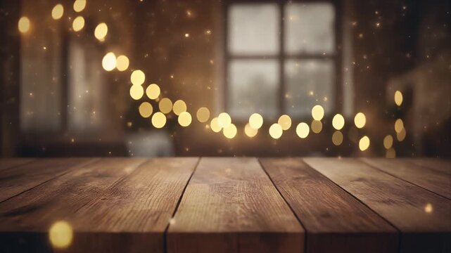 Warm String Lights Glowing Over Wooden Table in Cozy Indoor Setting