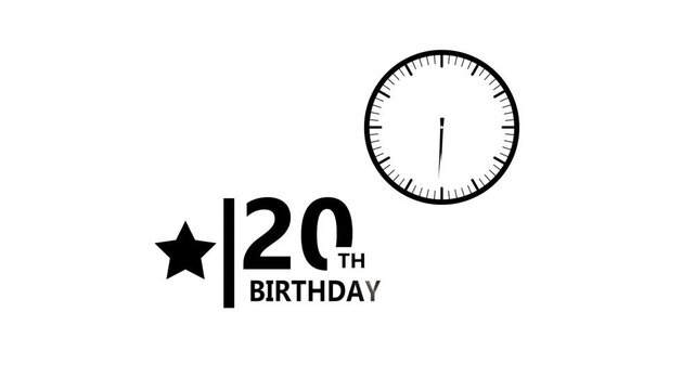 20 birthday minimal black typography with clock icon and star element on white background representing celebration milestone concept clean modern style 4k animation video