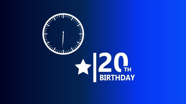 20 birthday blue gradient badge with clock icon and star symbol representing festive celebration milestone concept clean modern digital party design 4k animation video